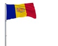 Isolate flag of Andorra on a flagpole fluttering in the wind on a white background, 3d rendering.