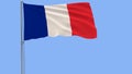 Isolate flag of France on a flagpole fluttering in the wind on a blue background