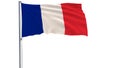Isolate flag of France on a flagpole fluttering in the wind on a white background