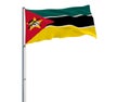 Isolate flag of Mozambique on a flagpole fluttering in the wind on a white background, 3d rendering.