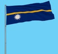 Isolate flag of Nauru on a flagpole fluttering in the wind on a blue background, 3d rendering. Royalty Free Stock Photo