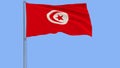 Isolate flag of Tunisia on a flagpole fluttering in the wind on a blue background, 3d rendering.