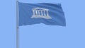 Isolate flag of the UNESCO on a flagpole fluttering in the wind on a blue background, 3d rendering.