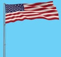 Isolate flag of USA on a flagpole fluttering in the wind on a blue background, 3d rendering