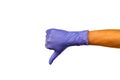 Isolate woman hand in a lilac rubber glove on a white background Royalty Free Stock Photo