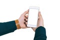 Isolate, smartphone mockup, holding a business man in his hands. On a white background