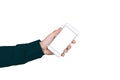 Isolate, Smartphone mockup, holding a man in a shirt. On a white background