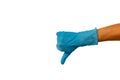 Isolate woman hand in a blue rubber glove on a white background. Royalty Free Stock Photo