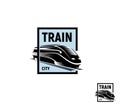 Isolated abstract black color train in blue square logo on white background, monochrome modern railway transport