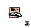 Isolated abstract black color train in pink square logo on white background, monochrome modern railway transport