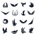 Isolated abstract black and white birds, butterflies wings with feathers logo set. Flight logotype collection. Air icons Royalty Free Stock Photo