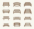 Isolated abstract brown color park bench element logos set in lineart style on white background vector illustration