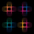 Isolated abstract colorful neon cross logo set on black background, unusual medical sign collection, plus button symbol