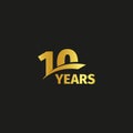 Isolated abstract golden 10th anniversary logo on black background.