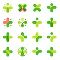 Isolated abstract green color cross logo set. Medical logotype collection. Religious icon. Vector illustration. Health