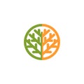 Isolated abstract green, orange color tree logo. Natural element logotype. Leaves and trunk icon. Park or forest sign