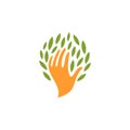 Isolated abstract human hand with leaves logo. People and nature logotype. Save plants icon. Eco products sign. Organic