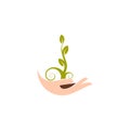 Isolated abstract natural logotype. Green color plant in human hands logo. Sprout in palms icon. Gardening sign. Growth