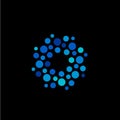 Isolated abstract round shape blue color logo, dotted logotype, water element vector illustration on black background Royalty Free Stock Photo