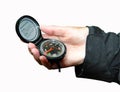 Isolated against white, a Hand holding a Compass