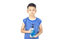 Isolated Alcohol gel bottles In the hands of asian boy on a white background with clipping path