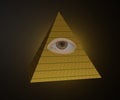 All seeing eye, illuminati symbol in triangle with light ray. Gold pyramid eye