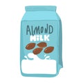 Isolated almond milk in paper package with liquid splash and nuts, natural drink branding on carton container with lid Royalty Free Stock Photo