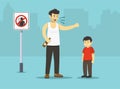 Isolated angry drunk male character yelling at his kid beside `no yelling` sign.Sad boy crying after his dad shouting at him.