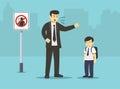 Isolated angry young male character yelling at his kid beside `no yelling` sign.Bad manners and behavior.Sad crying school boy. Royalty Free Stock Photo