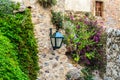 Isolated Antique Street Light In The Blossoming Traditional Streets Of Historic Monamvasia Castle Town. Beautiful Vintage Lantern.