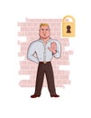 Cartoon Character concept - Bodyguard Security. Light clean illustration of guardian. Entrance locked. Wall background. Vector I Royalty Free Stock Photo