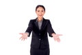 Isolated Asian business girl has action of invitation concept by open the palm of the hand forward and stand on white background Royalty Free Stock Photo