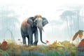 an isolated asian elephant standing in a misty jungle clearing