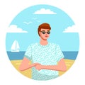 Isolated avatar of young guy wearing t-shirt and sunglasses at beach sea yacht background, portrait