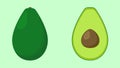 Isolated avocado icon. Whole and chopped avocados on soft green background. Flat fruit vector illustration