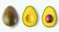 Isolated avocado on white background. Whole avocado fruit and two halves in a row, isolated on a white background, in a large size