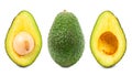 Isolated avocado. Whole avocado fruit and two halves in a row isolated on white background Royalty Free Stock Photo