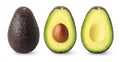 Isolated avocados. Whole black avocado fruit, half with seed and half without isolated on white background with clipping path.