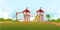 Isolated on background. Cartoon style green fiels with kids outside playground with slides, swings and castle.