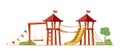 Isolated on background. Cartoon style kids outside playground with slides, swings and castle.