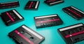 Isolated background image of group of old classic cassette tape with blank label in vintage and retro audio recording and music Royalty Free Stock Photo