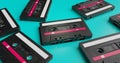 Isolated background image of group of old classic cassette tape with blank label in vintage and retro audio recording and music Royalty Free Stock Photo