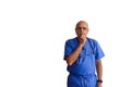 Isolated bald old male caucasian in blue scrubs with stethoscope around his neck with his hand on his chin thinking Royalty Free Stock Photo