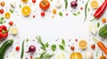 Isolated banner with various vegetables and fruits against white background, top view, creative flat layout. Concept of Royalty Free Stock Photo