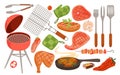 Isolated barbeque menu set for summer party with meat on skewer and sausage, beef steak and vegetables, kitchen