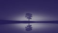 Isolated bare mirrored leafless tree silhouette against dark sky. Water, land, star, blue sky. Royalty Free Stock Photo
