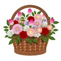 Isolated basket of flowers with roses, ranunculus, peonies, gerberas, tulips and leaves