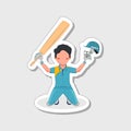 Isolated Bat And Helmet Showing Cricket Male Player Sitting On Grey Floor In Sticker