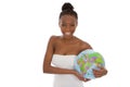 Isolated beautiful african american woman with globe in her hand Royalty Free Stock Photo