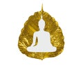 Isolated beautiful silhouette Buddha statue shape of sitting on a gold leaf or Pho leaf bo leaf,bothi leaf on white background